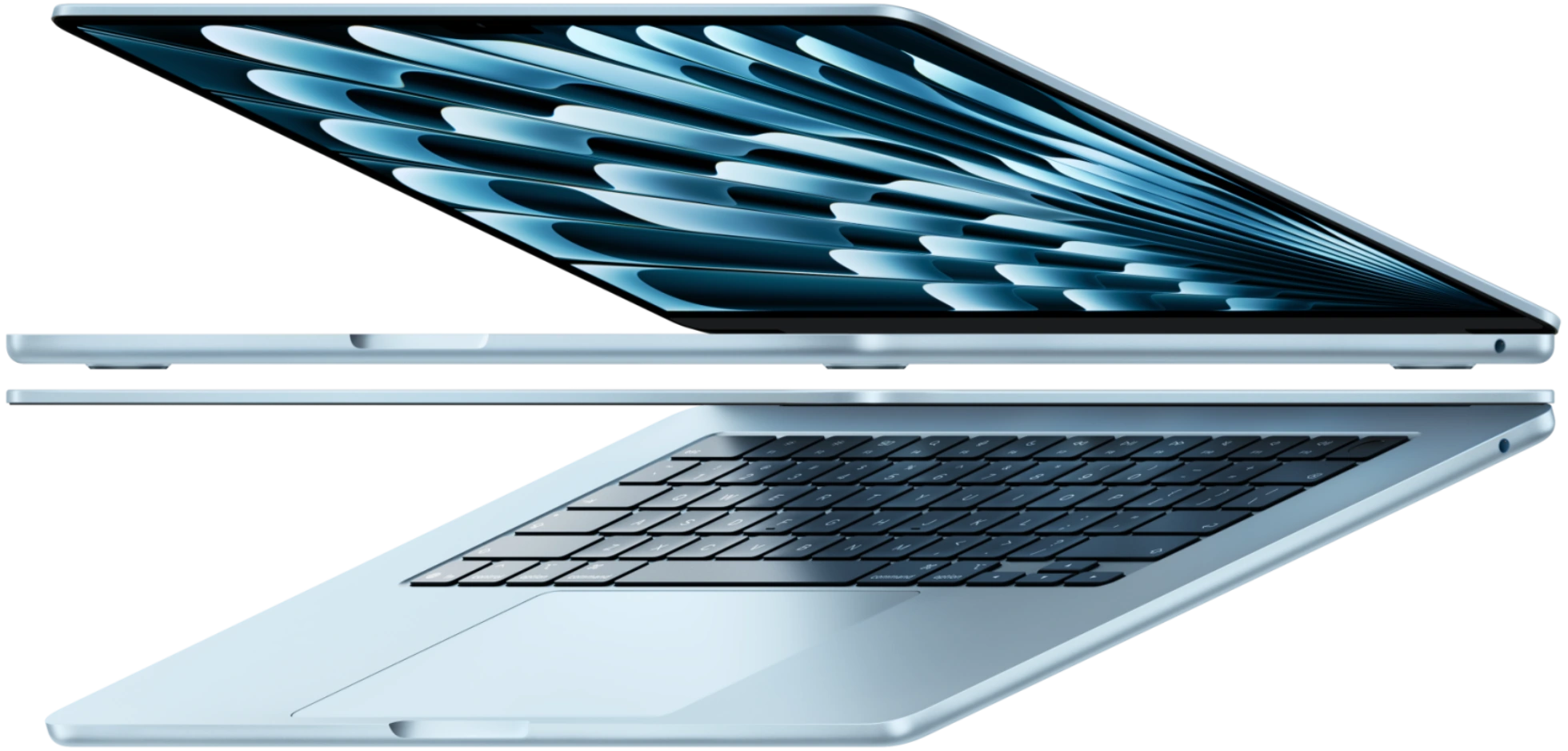 Two Apple MacBook Air laptops showing their displays and slim profiles